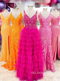 V neck A-line Beaded Ruffles Magenta Long Prom Dress lpk907|Selinadress