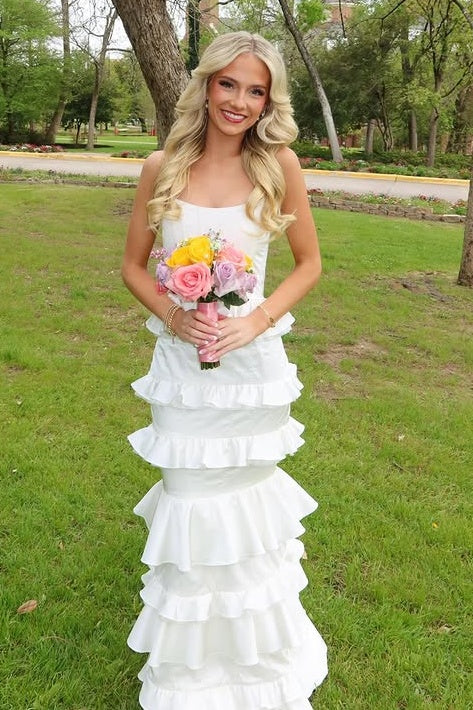 Mermaid White Satin Strapless Ruffle Tiered Party Prom Dress lck020