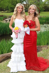 Mermaid White Satin Strapless Ruffle Tiered Party Prom Dress lck020
