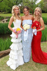 Mermaid White Satin Strapless Ruffle Tiered Party Prom Dress lck020