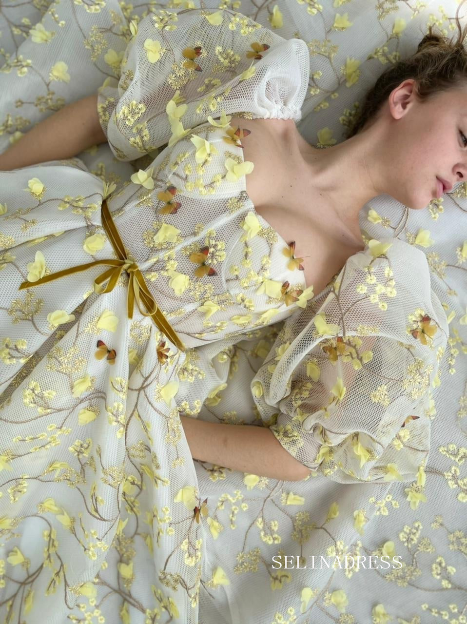 Yellow Midi Dress With Embroidery Floral Prom Dresses 2023 Beautiful E SELINADRESS Yellow Midi Dress With Embroidery Floral Prom Dresses 2023 Beautiful E SELINADRESS