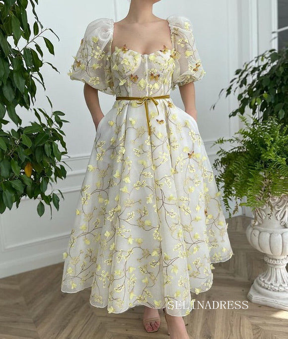 Yellow Midi Dress With Embroidery Floral Prom Dresses 2023 Beautiful Evening Gowns #LPO005|Selinadress