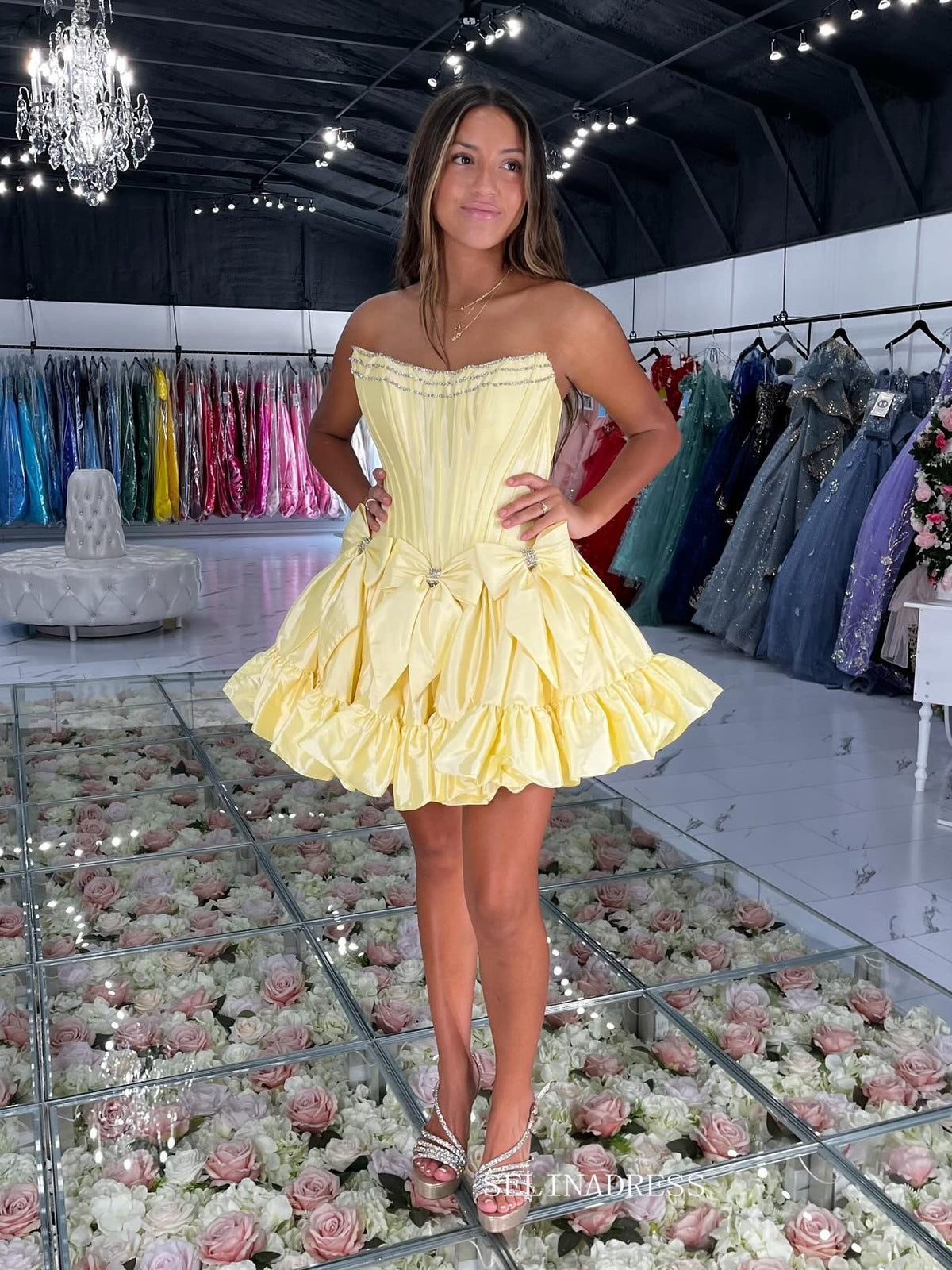 Yellow Strapless Short Homecoming Dresses With Bowknot Cute Hoco Dress #TKL1908|Selinadress