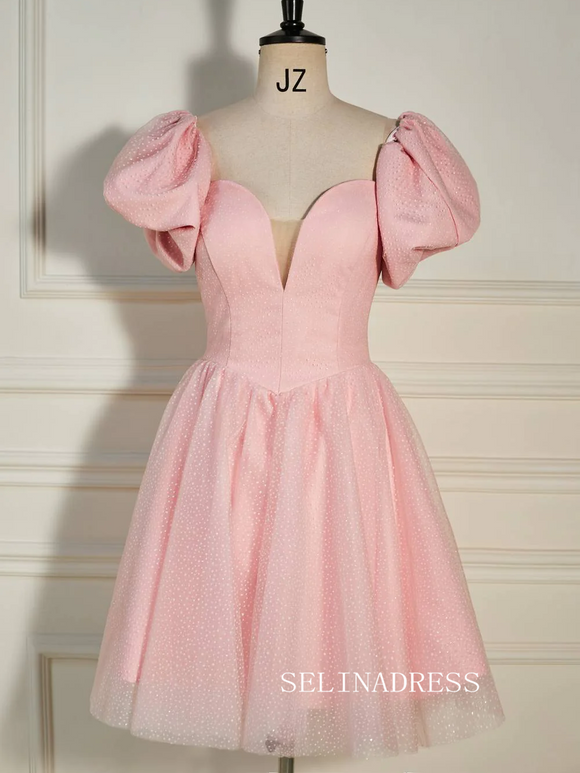A-line Balloon Sleeves Pink Short Party Dress with Dot SEA004|Selinadress