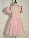 A-line Balloon Sleeves Pink Short Party Dress with Dot SEA004|Selinadress