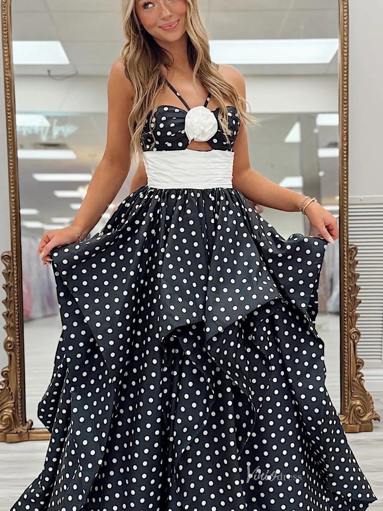 A Line Black Polk Dot Long Prom Dresses Evening Dresses SEA055|Selinadress