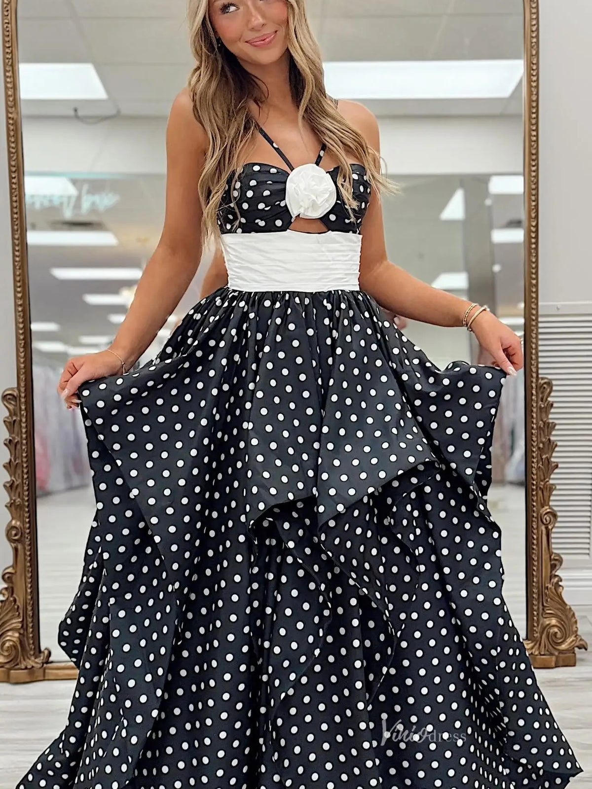 A Line Black Polk Dot Long Prom Dresses Evening Dresses SEA055|Selinadress