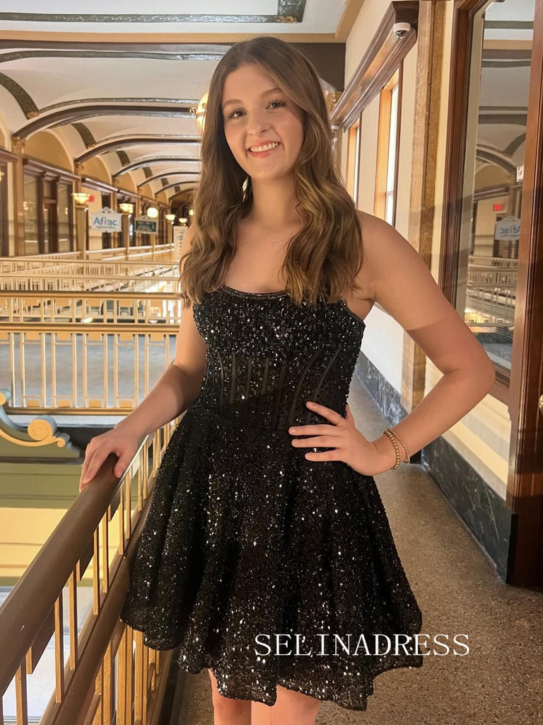 navy blue dress for baby girl Sparkly Plunge V-neck A-line Black Sequin Prom Dress main image 0
