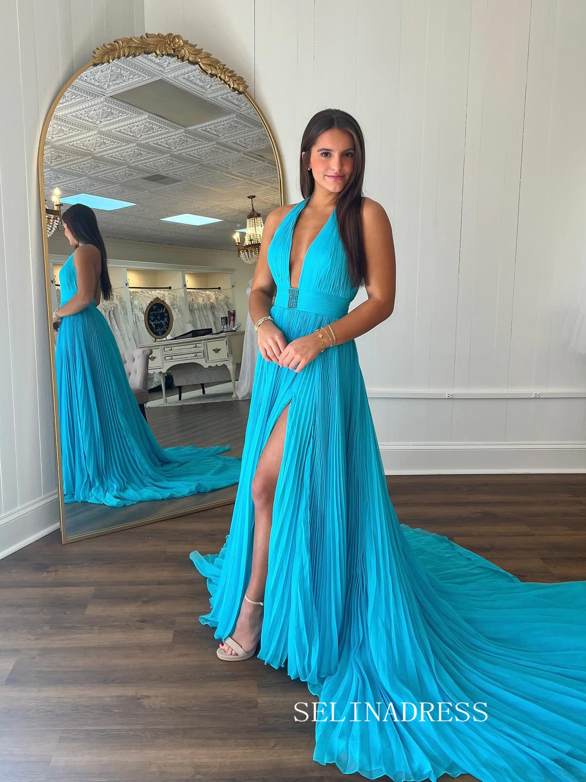A-line Blue Halter Long Prom Dress Ruffles Evening Dress With Slit SEW1155 A-line Blue Halter Long Prom Dress Ruffles Evening Dress With Slit SEW1155
