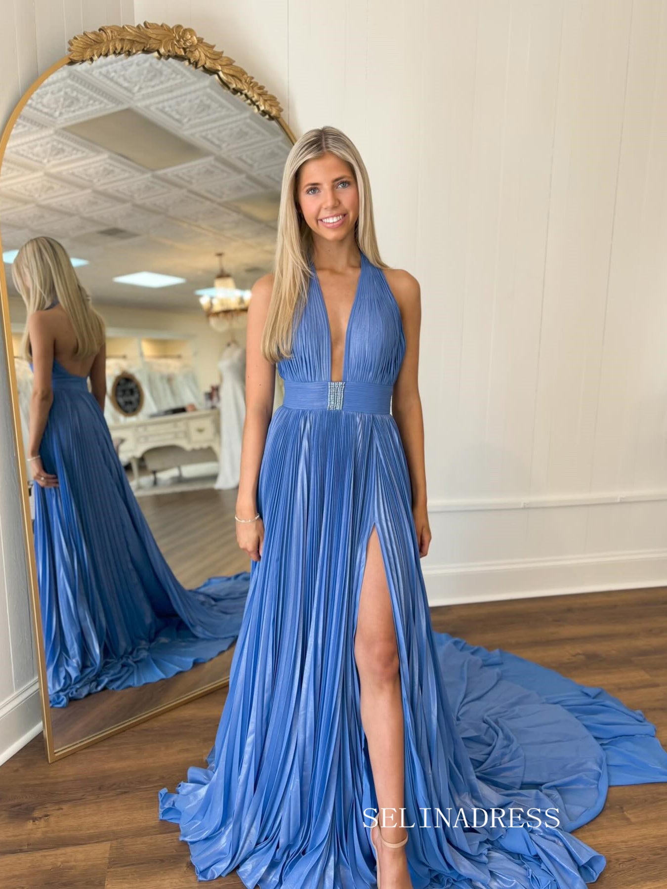 A-line Blue Halter Long Prom Dress Ruffles Evening Dress With Slit SEW SELINADRESS A-line Blue Halter Long Prom Dress Ruffles Evening Dress With Slit SEW SELINADRESS