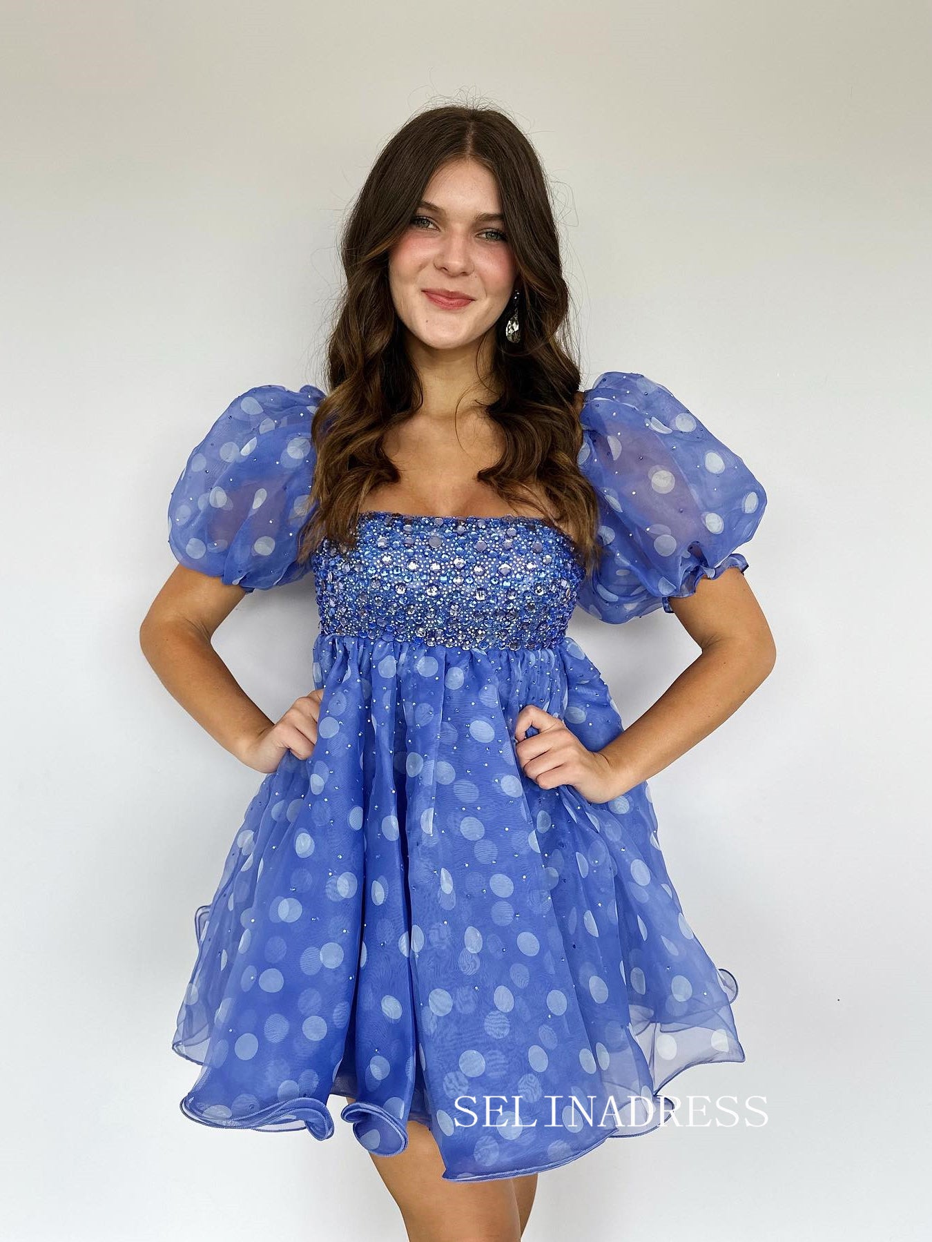 balloon sleeve homecoming dress Light Blue Satin Hi-Low Puff Sleeves Homecoming Dress Light Blue / US 10
