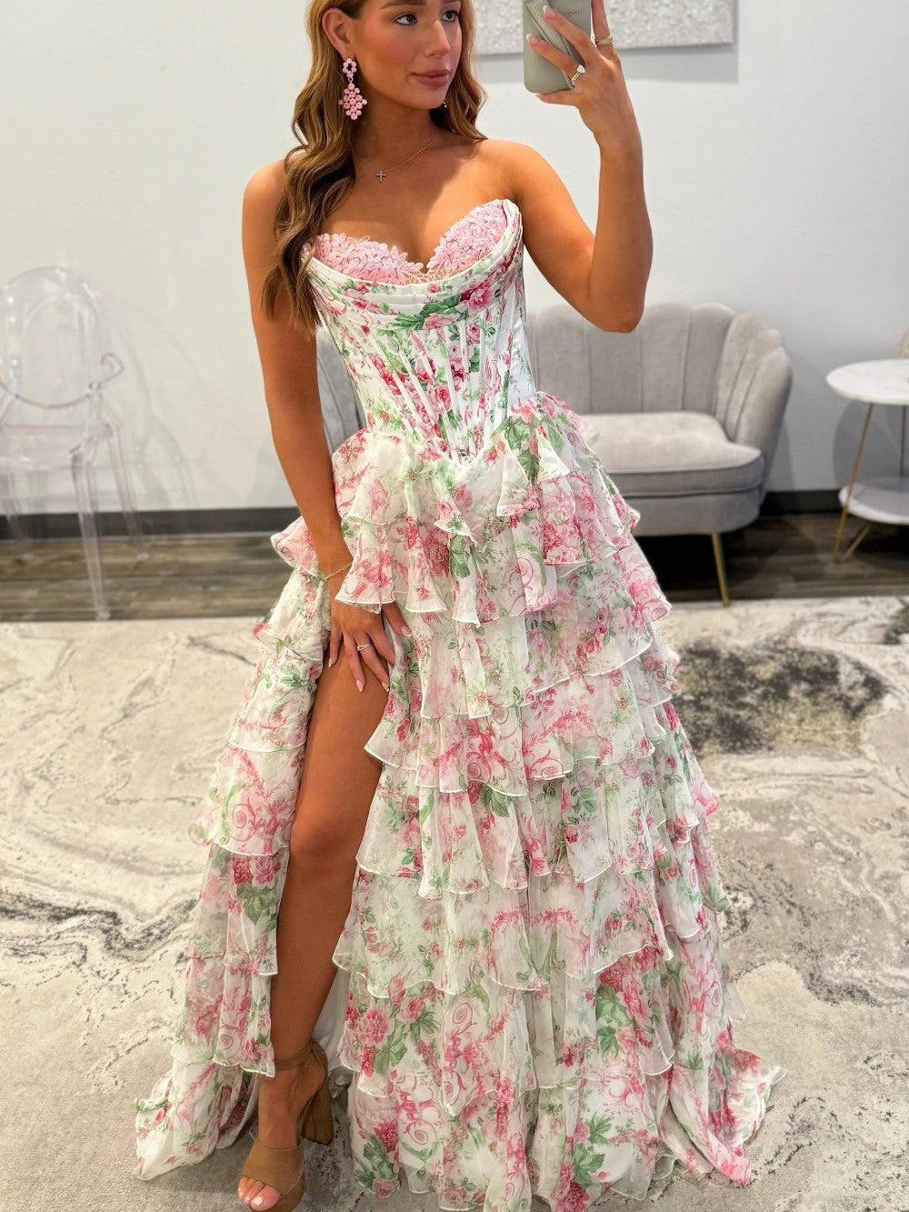 A-Line Blush Sweetheart Floral Ruffled Prom Dress With Slit SEA053|Selinadress