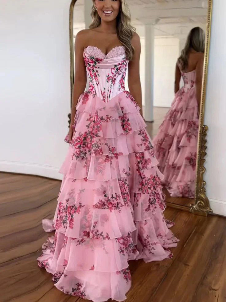 A-Line Blush Sweetheart Floral Ruffled Prom Dress With Slit SEA053|Selinadress