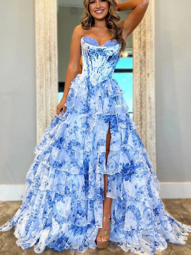 A-Line Blush Sweetheart Floral Ruffled Prom Dress With Slit SEA053|Selinadress