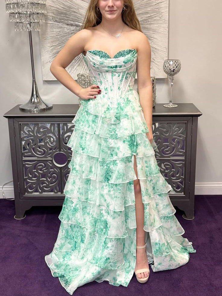 A-Line Blush Sweetheart Floral Ruffled Prom Dress With Slit SEA053|Selinadress