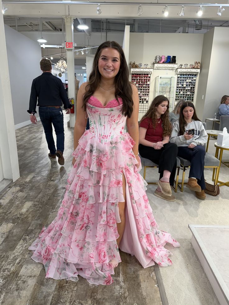 A-Line Blush Sweetheart Floral Ruffled Prom Dress With Slit SEA053|Selinadress