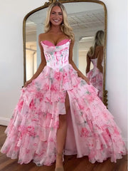A-Line Blush Sweetheart Floral Ruffled Prom Dress With Slit SEA053|Selinadress