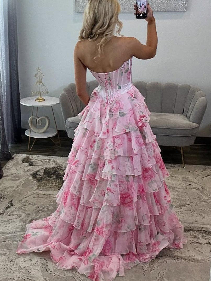 A-Line Blush Sweetheart Floral Ruffled Prom Dress With Slit SEA053|Selinadress