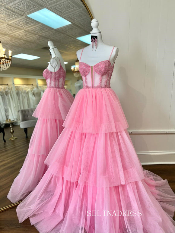 A-line Bubblegum Pink Ball Gown Spaghetti Straps Long Prom Dress SEW1150|Selinadress