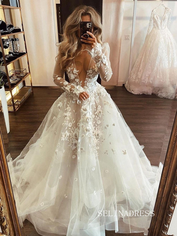A-line Deep V neck 3D Lace Applique Wedding Dress Long Sleeve Rustic Wedding Dresses #KOP084|Selinadress
