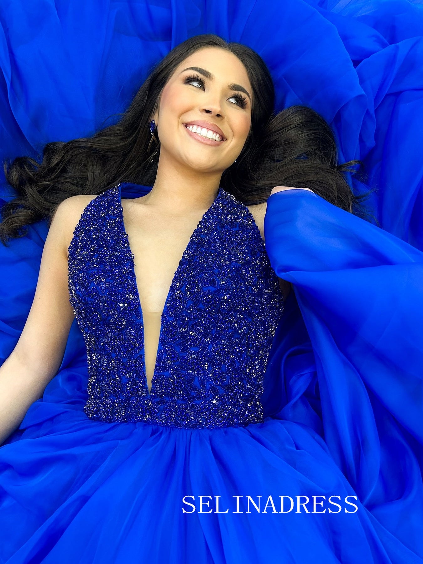 A-line Deep V neck Royal Blue Beaded Prom Dress Evening Dresses SED003 SELINADRESS A-line Deep V neck Royal Blue Beaded Prom Dress Evening Dresses SED003 SELINADRESS