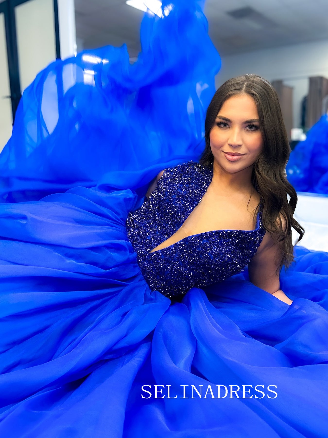 A-line Deep V neck Royal Blue Beaded Prom Dress Evening Dresses SED003