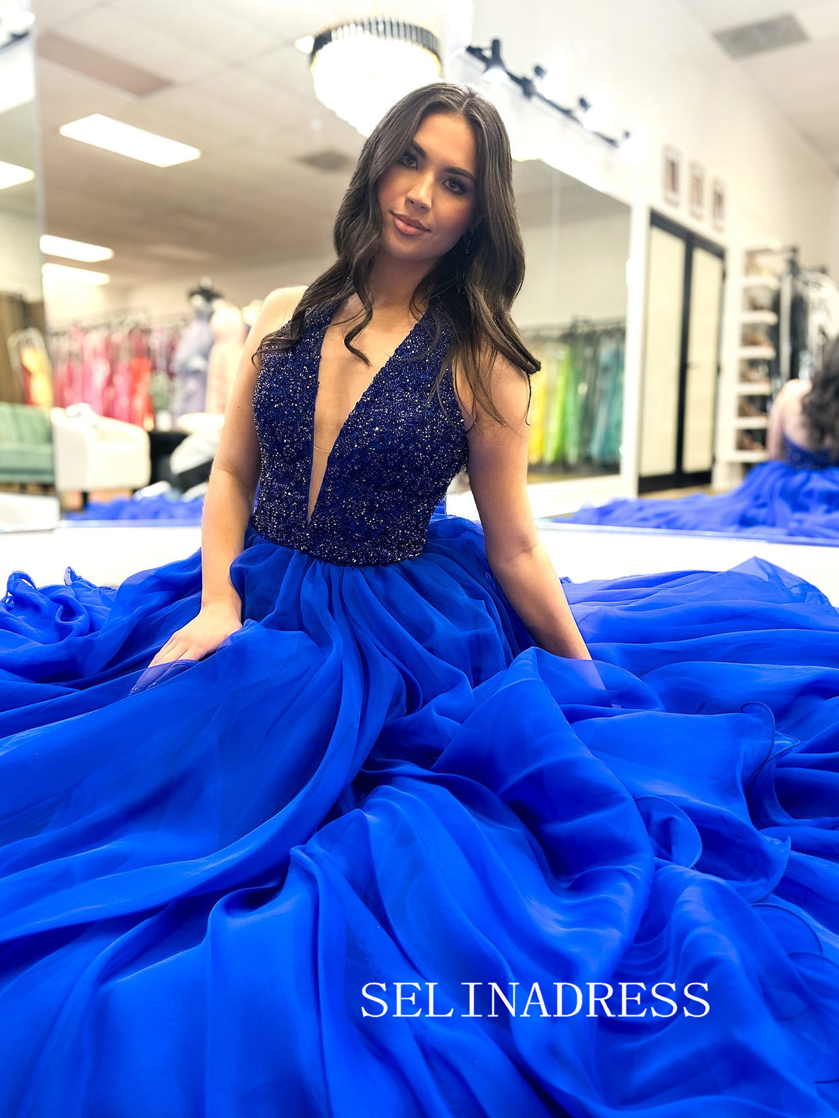 A-line Deep V neck Royal Blue Beaded Prom Dress Evening Dresses SED003 SELINADRESS A-line Deep V neck Royal Blue Beaded Prom Dress Evening Dresses SED003 SELINADRESS