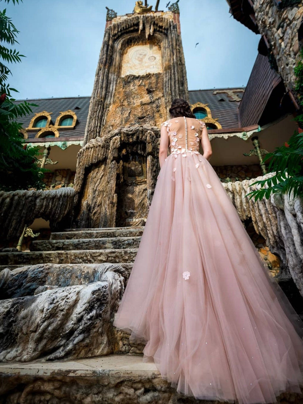 A-line Fairytale Pink Floral Wedding Dress With Flowers Unique