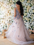 A-line Fairytale Pink Wedding Dress Unique Floral Wedding Gown Tulle Forest Bridal gowns KTS006|Selinadress