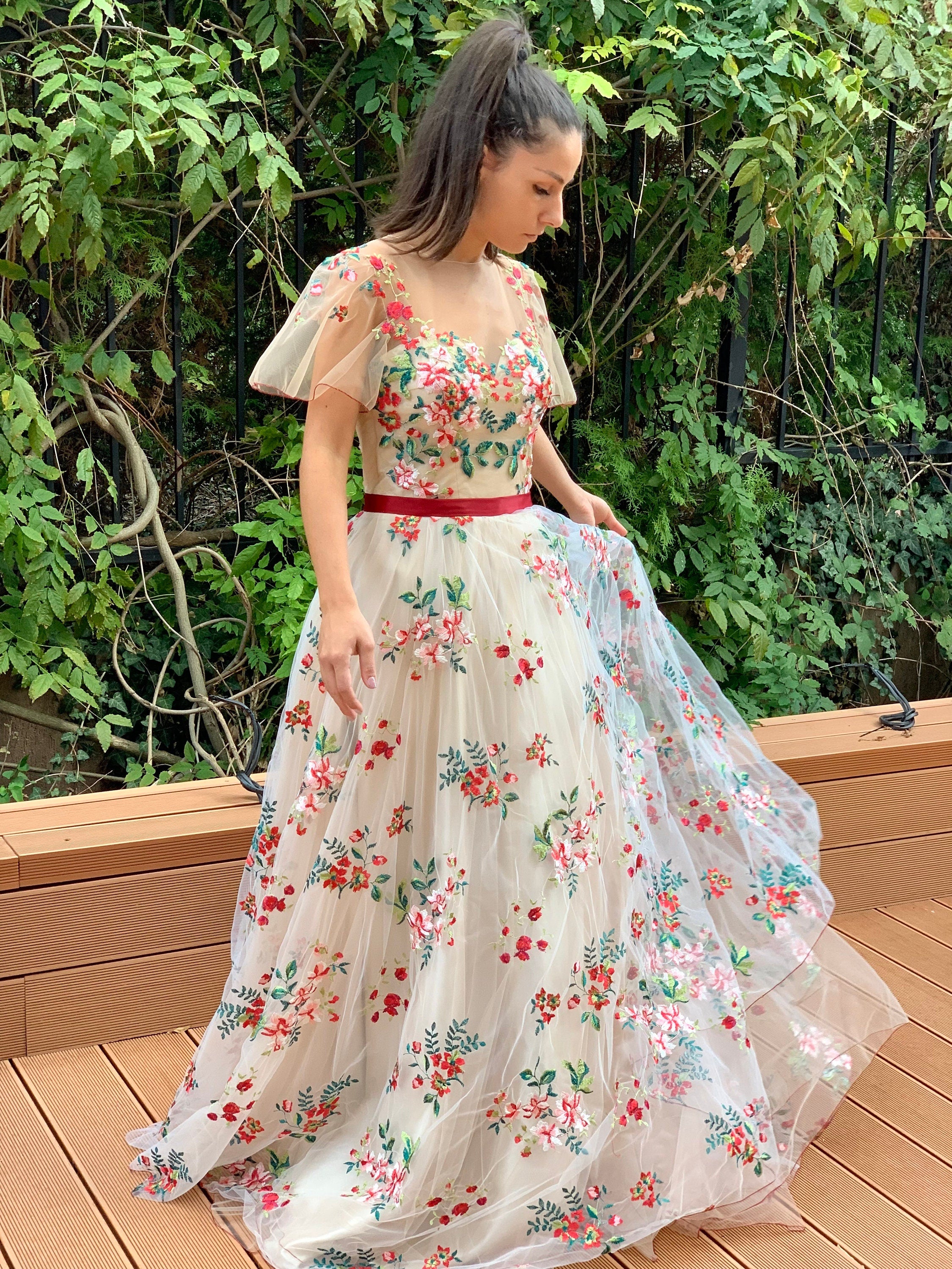 A-line Flower Wedding Dress With Sleeves Unique Colourful Tulle Bridal Gown KTS008 A-line Flower Wedding Dress With Sleeves Unique Colourful Tulle Bridal Gown KTS008