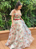 A-line Flower Wedding Dress With Sleeves Unique Colourful Tulle Bridal Gown KTS008|Selinadress