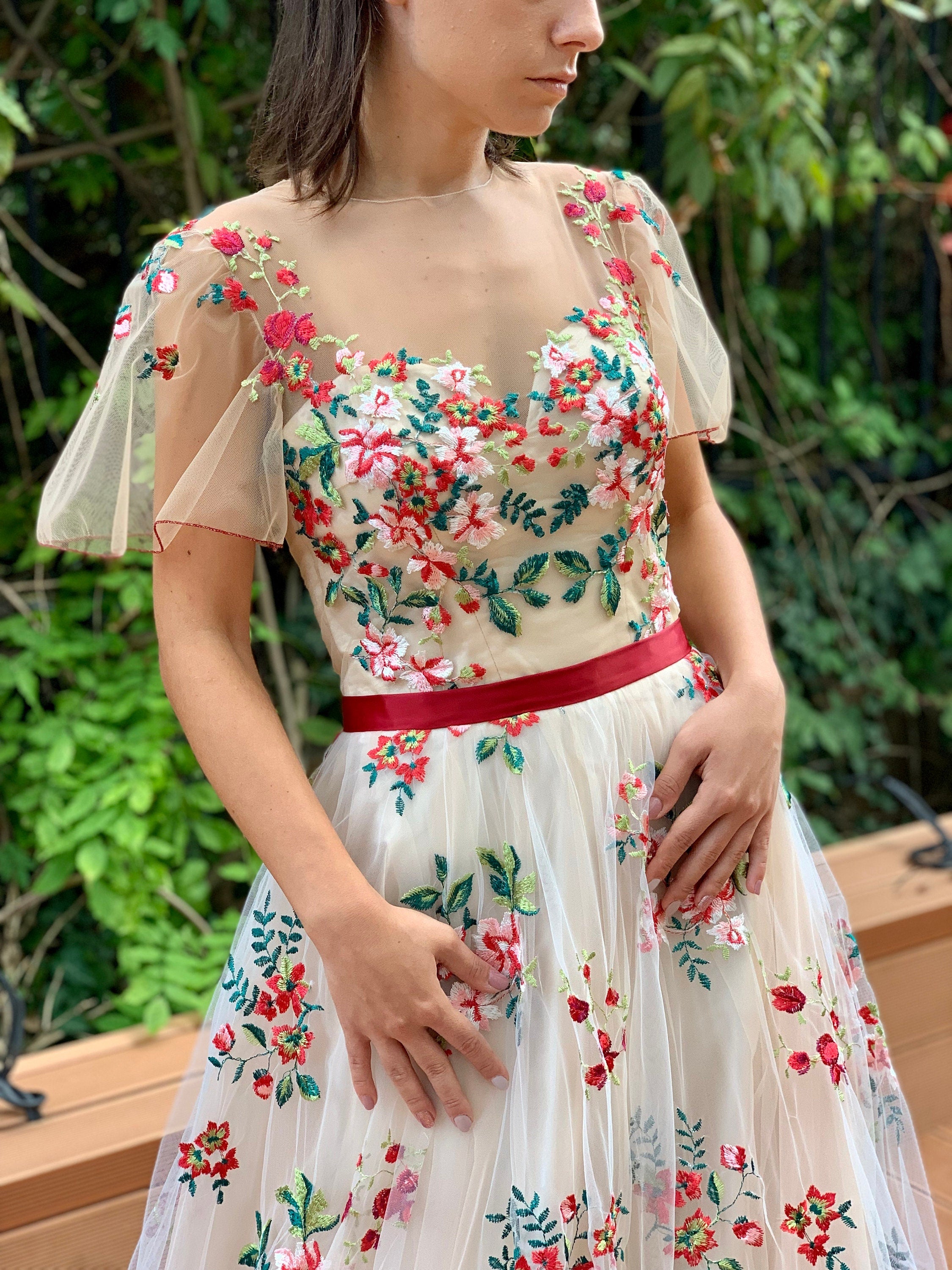 A-line Flower Wedding Dress With Sleeves Unique Colourful Tulle Bridal SELINADRESS A-line Flower Wedding Dress With Sleeves Unique Colourful Tulle Bridal SELINADRESS