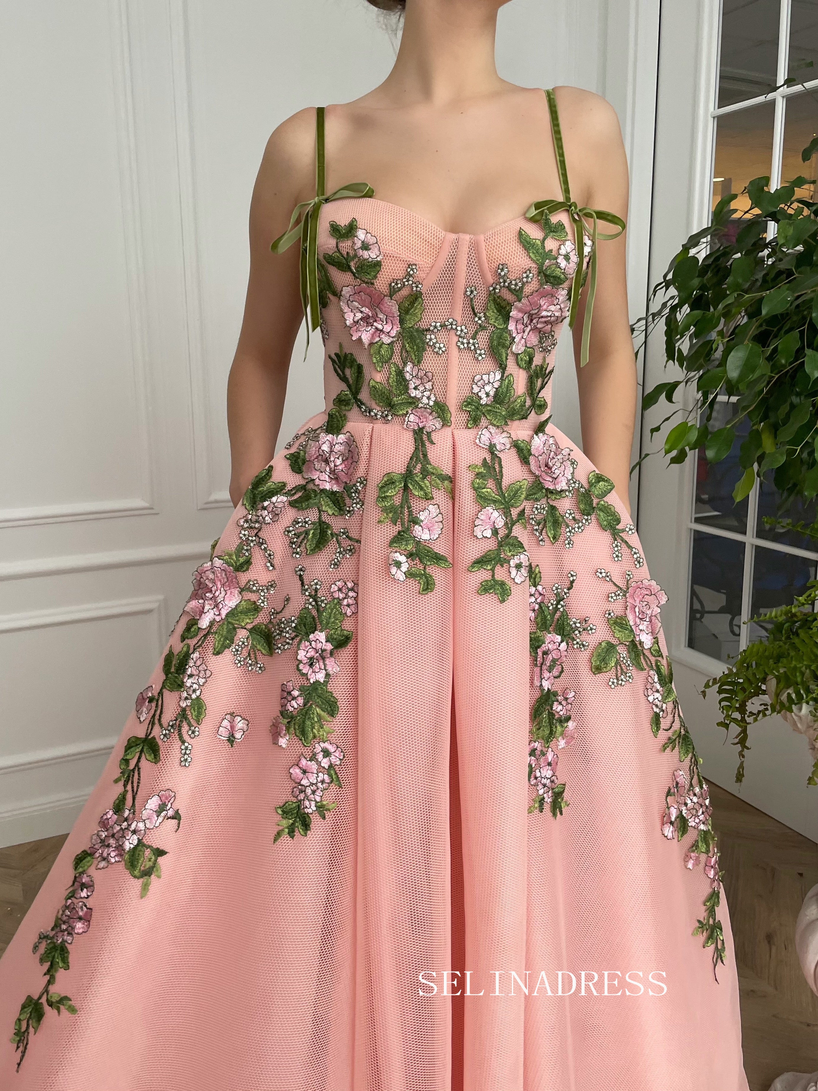 A-line Foor Length Pink Whimsical Gown Long Prom Dress With Side pockets TUN012|Selinadress