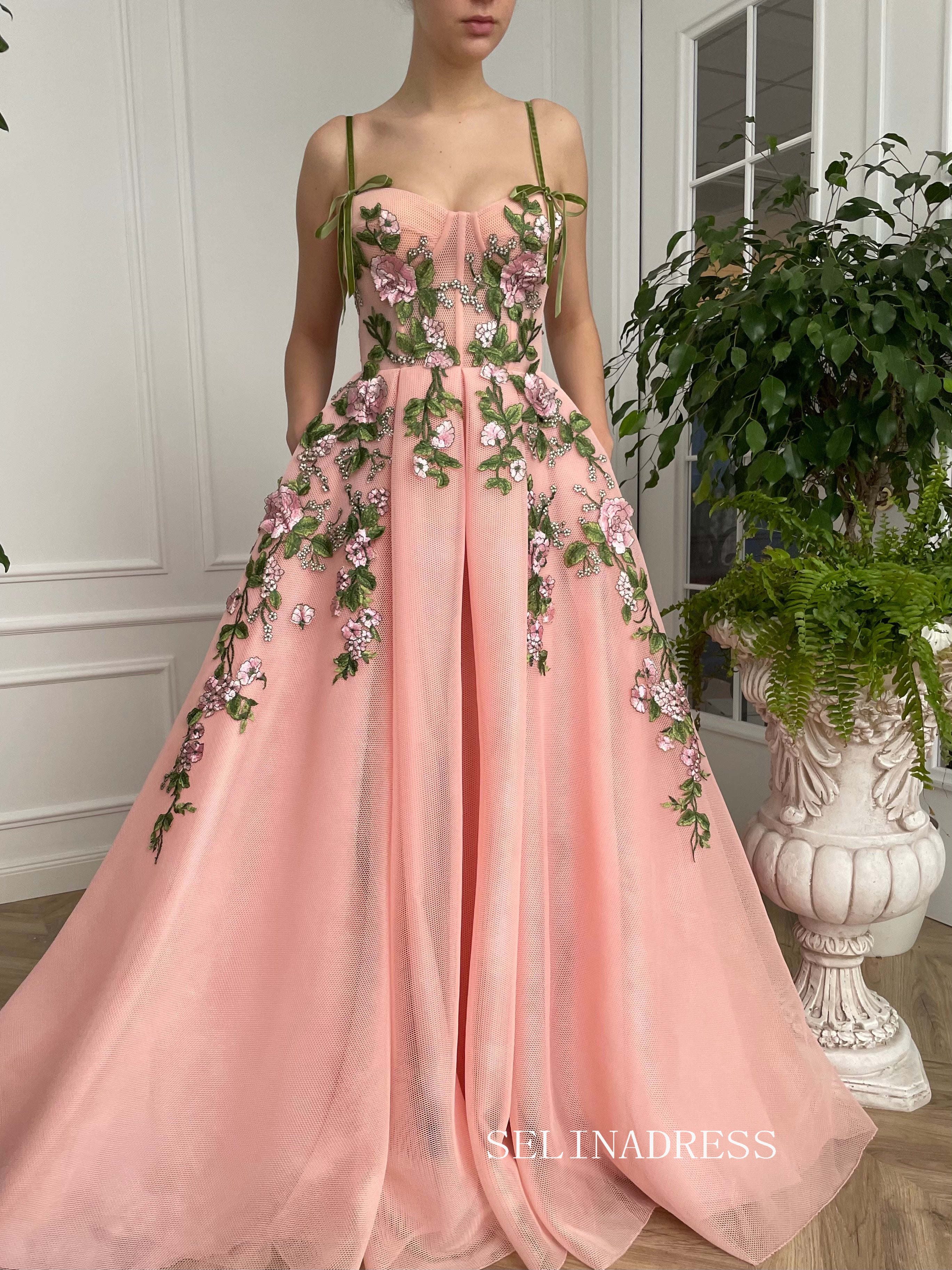 A-line Foor Length Pink Whimsical Gown Long Prom Dress With Side pockets TUN012|Selinadress