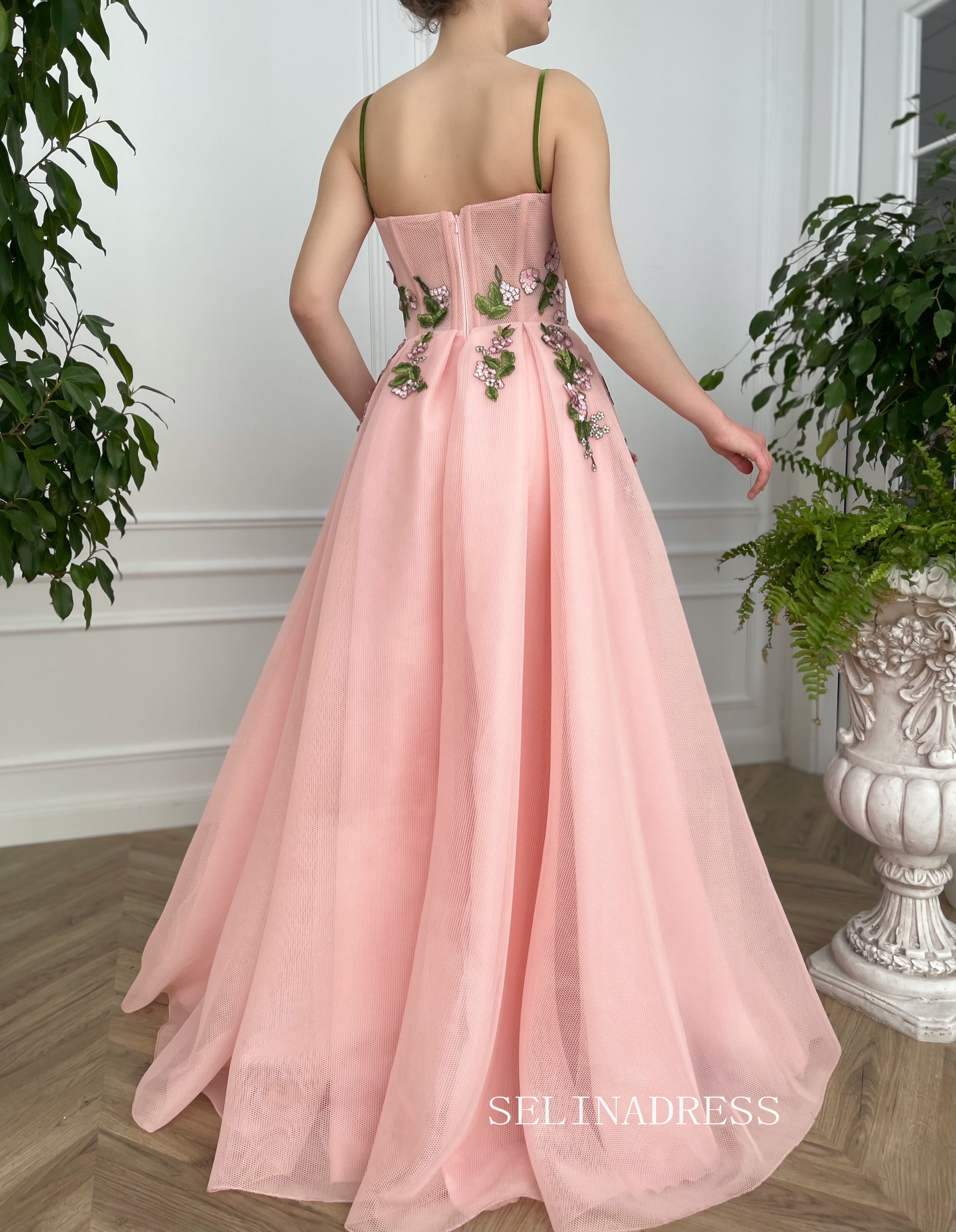 A-line Foor Length Pink Whimsical Gown Long Prom Dress With Side pockets TUN012|Selinadress