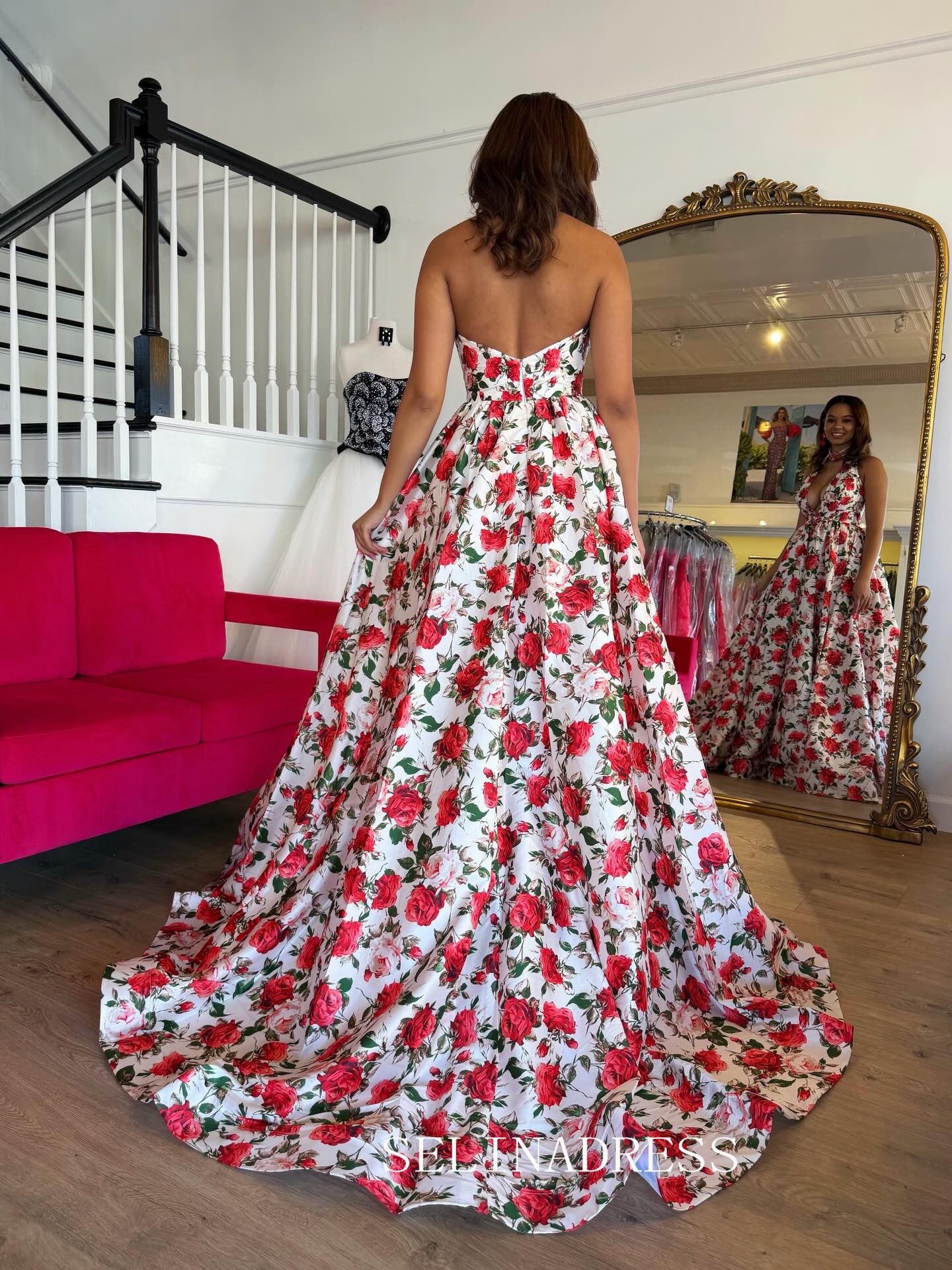 A-line Halter Deep V neck Red Rose Prom Dresses With High Slit Elegant Evening Dresses SEA312|Selinadress