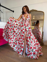 A-line Halter Deep V neck Red Rose Prom Dresses With High Slit Elegant Evening Dresses SEA312|Selinadress