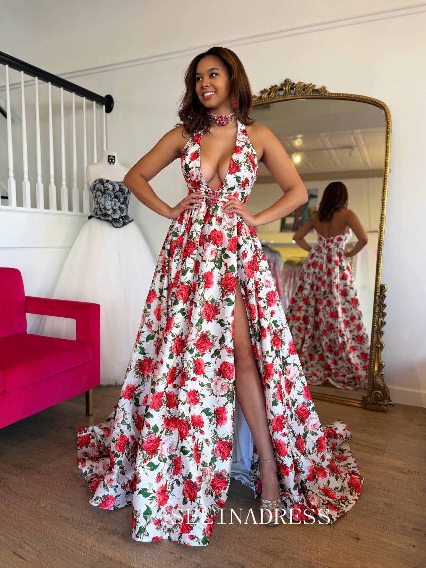 A-line Halter Deep V neck Red Rose Prom Dresses With High Slit Elegant Evening Dresses SEA312|Selinadress