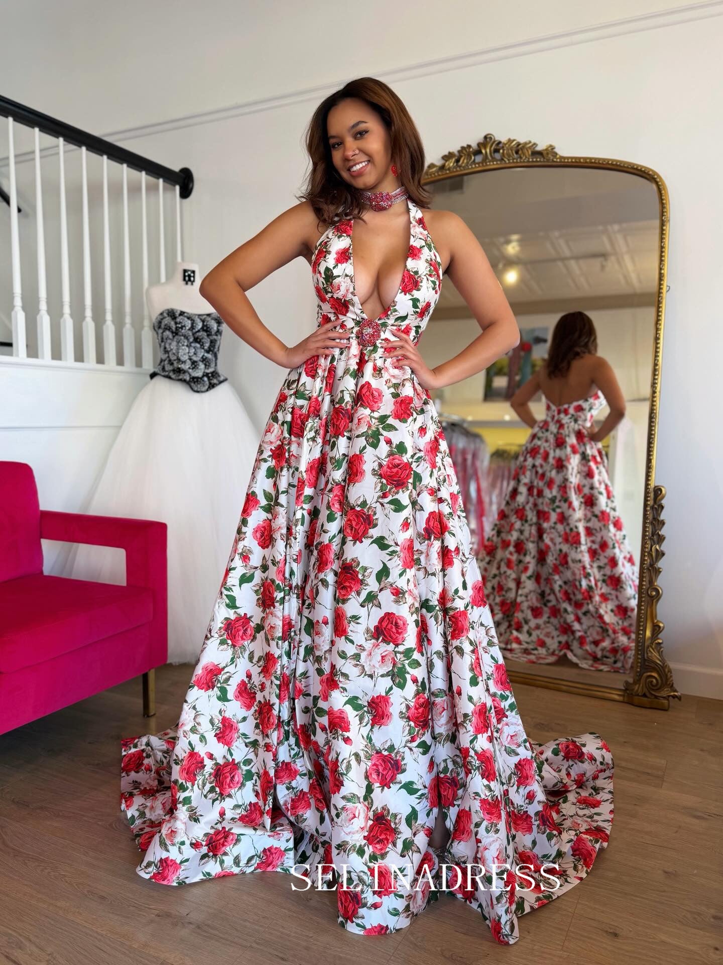 A-line Halter Deep V neck Red Rose Prom Dresses With High Slit Elegant Evening Dresses SEA312|Selinadress