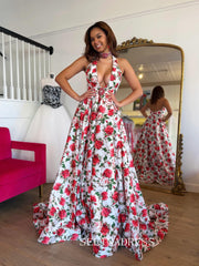 A-line Halter Deep V neck Red Rose Prom Dresses With High Slit Elegant Evening Dresses SEA312|Selinadress