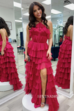 A-line Halter Fuchsia Ruffles Long Prom Dress With Slit lpk931|Selinadress
