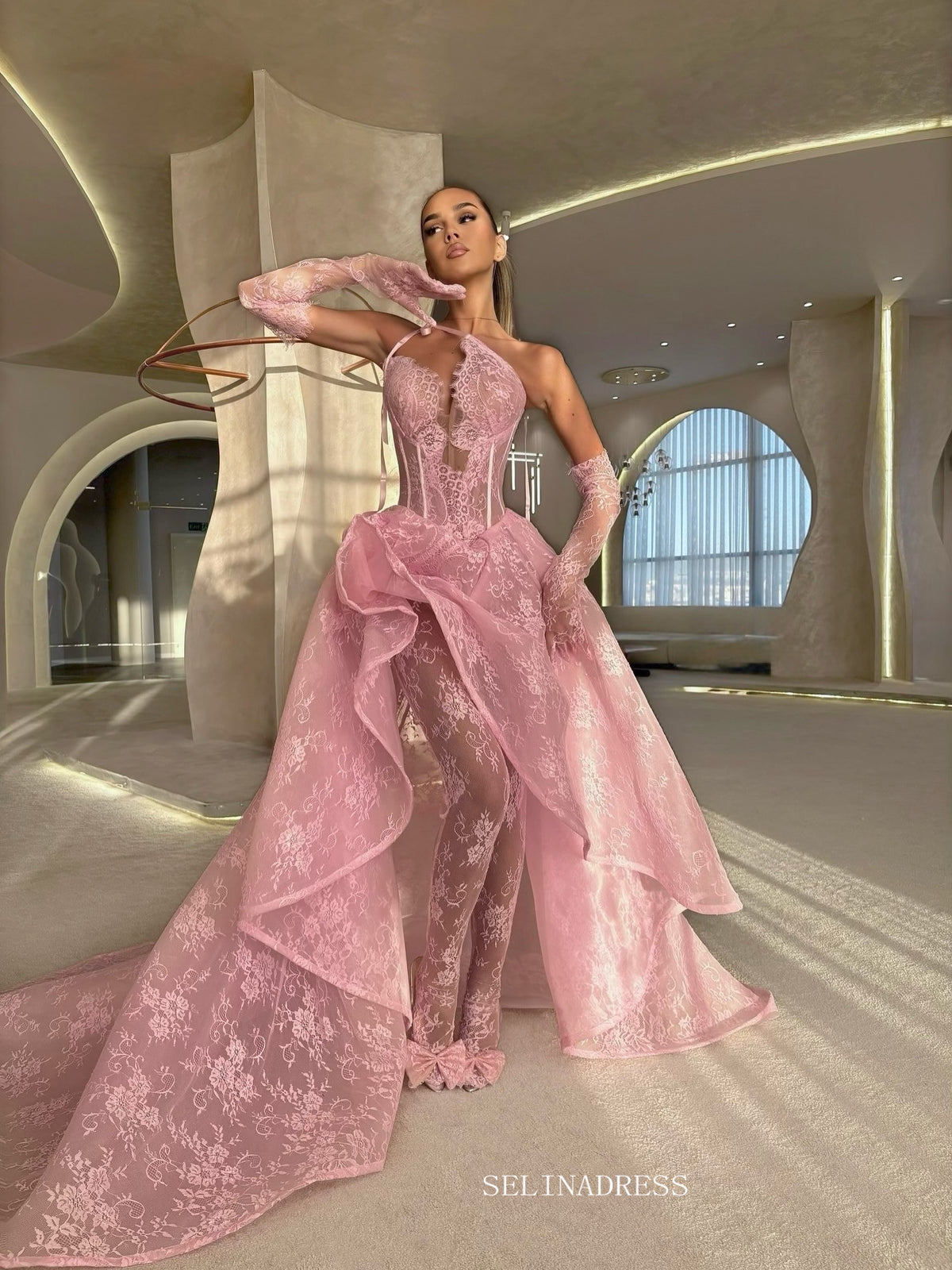 A-line Halter Pink Lace Long Prom Dress Evening Dress TKL623|Selinadress