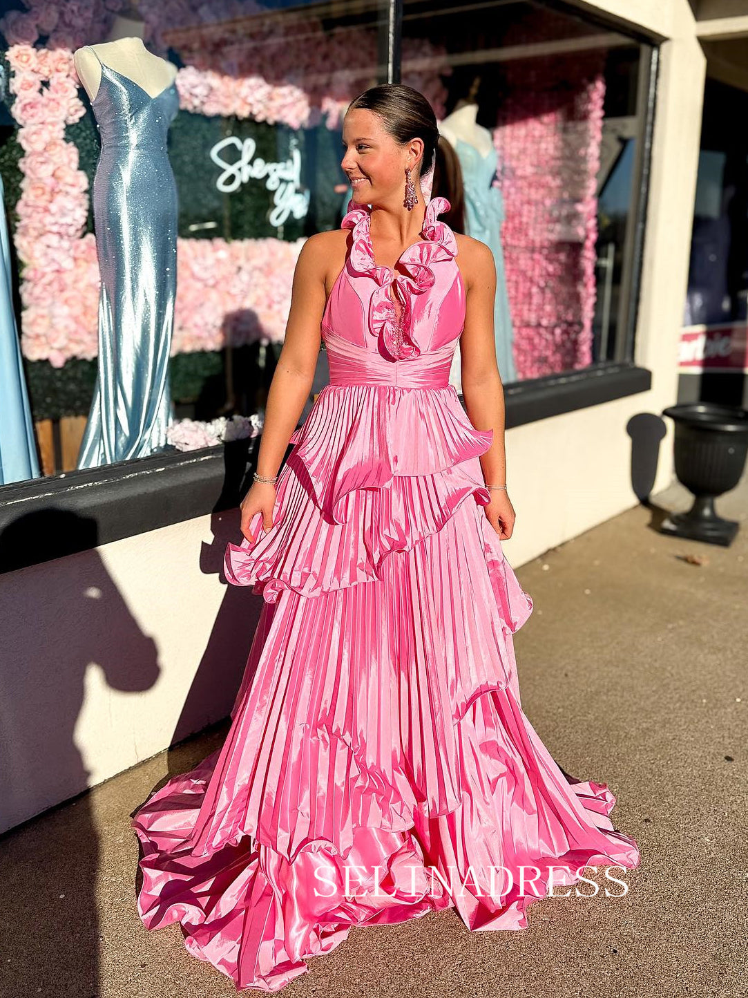 A-line Halter Pink Ruffles Long Prom Dress Layered Evening Dress ABB244|Selinadress