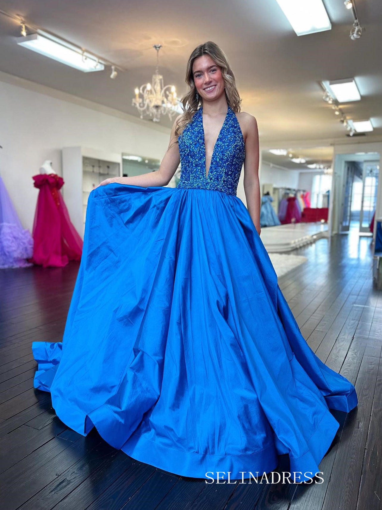 A-line Halter Royal Blue Beaded Long Prom Dress Evening Dress SEW1163 SELINADRESS A-line Halter Royal Blue Beaded Long Prom Dress Evening Dress SEW1163 SELINADRESS