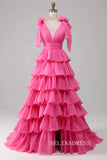 A-line Hot Pink Bow Tie Layers Straps Long Prom Dress with Slit lps030|Selinadress