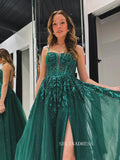 A line Illusion V neck Appliques Long Sparkly Prom Formal Dress With High Split sew1080