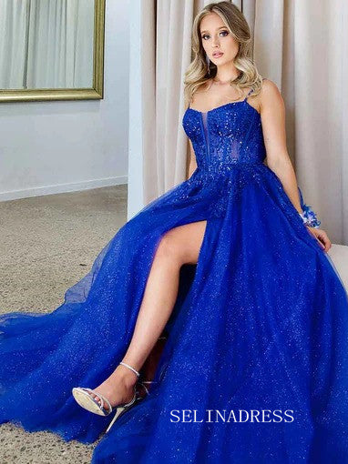 A line Illusion V neck Appliques Long Sparkly Prom Formal Dress With High Split sew1080|Selinadress