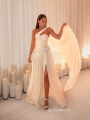 A-line Ivory One Shoulder Long Prom Dress Evening Dress With Hight Split TKL612|Selinadress