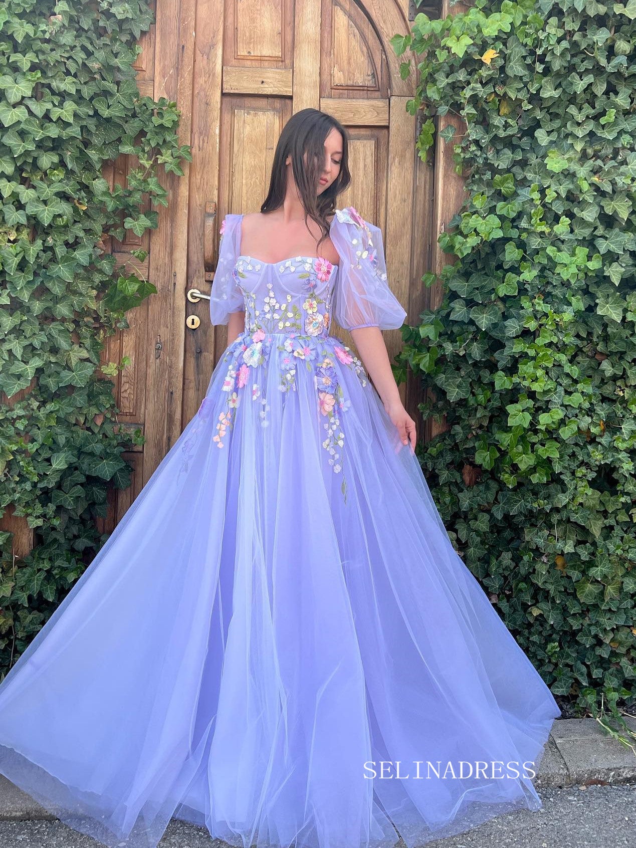 Jovani Dress 23577 | Blue Multi Floral V Neck Tulle Ballgown