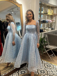 A-line Light Sky Blue Sparkly Long Prom Dresses Sequins Long Sleeve Evening Gowns SEW0852|Selinadress
